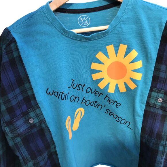 Flannel Tee Upcycle, Size M-L: Oversized Teal Boating Season Graphic Shirt - Picture 3 of 12